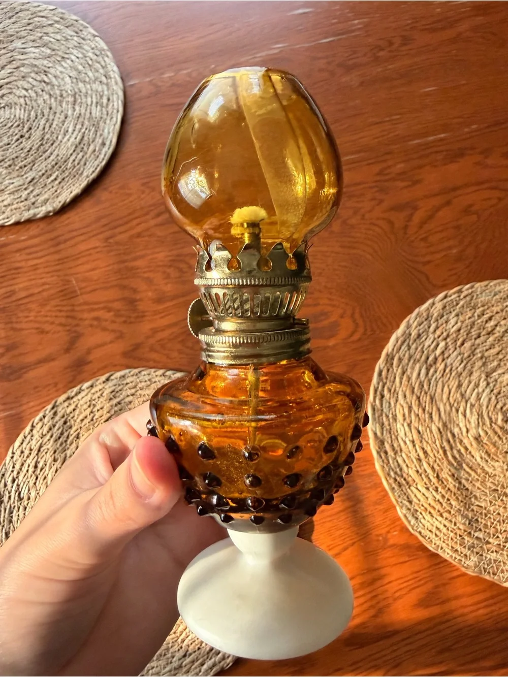 Amber Glass Hobnail Oil Lamp with White Base